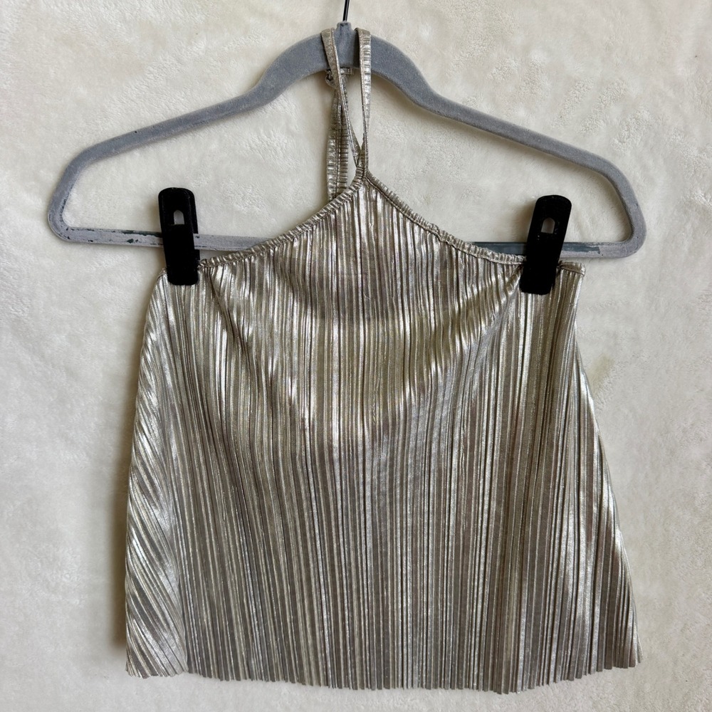 Nasty Gal Womens Gold Metallic Pleated Halter Neck Crop Top Tie Back Sz US 2
